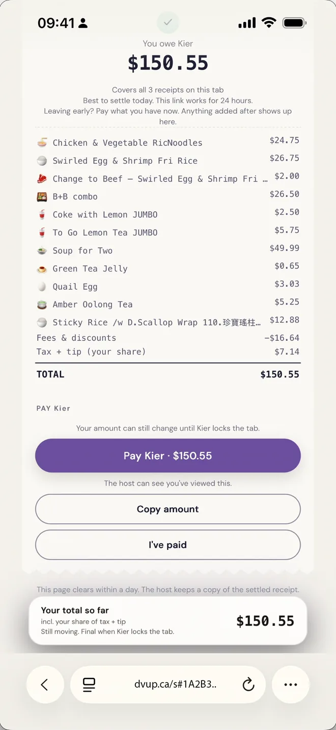 A dvup guest paying from a web link: what they owe, itemised, with a pay button