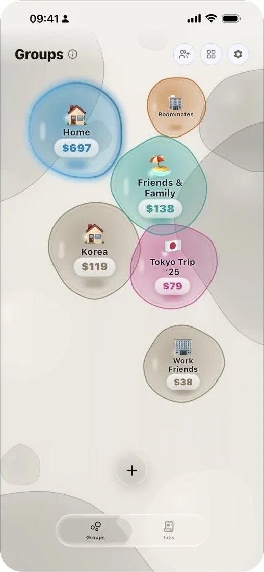 The dvup Groups screen: each group a bubble sized by what is owed