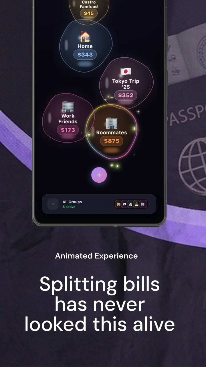 Animated bubbles overview — splitting bills has never looked this alive